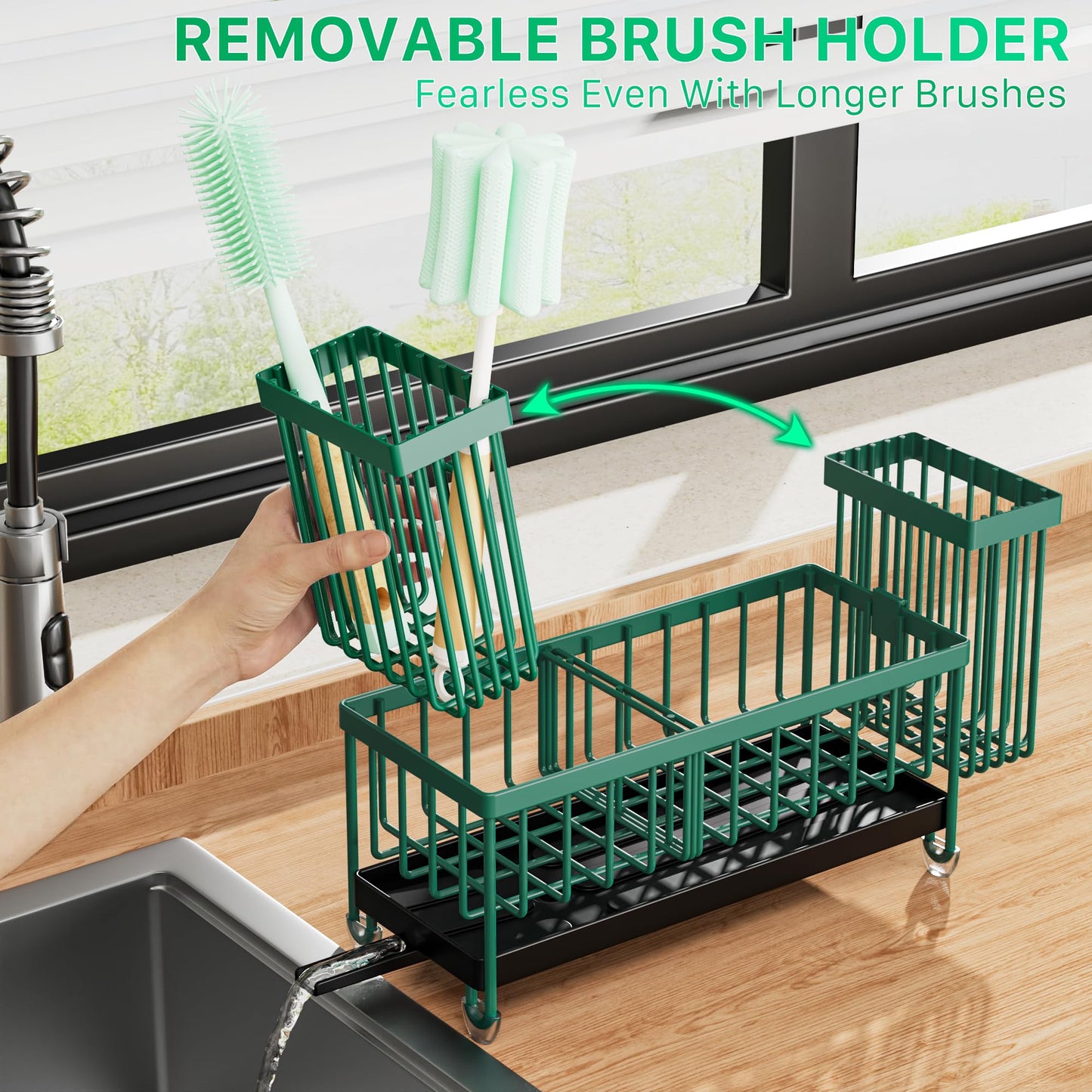 Cisily Sponge Holder for Kitchen Sink, Sink Caddy Organizer with High Brush Holder, Kitchen Countertop Organizers and Storage Essentials, Rustproof 304 Stainless Steel (Black, 9.25″)