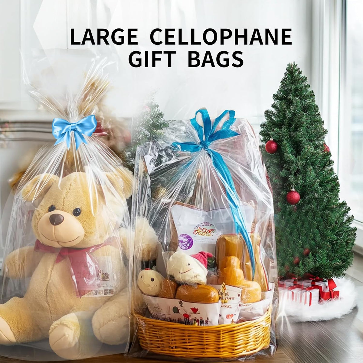 12 Pcs Large Cellophane Bags 30x40 inch Cellophane Wrap Clear Gift Bags for Gift Baskets