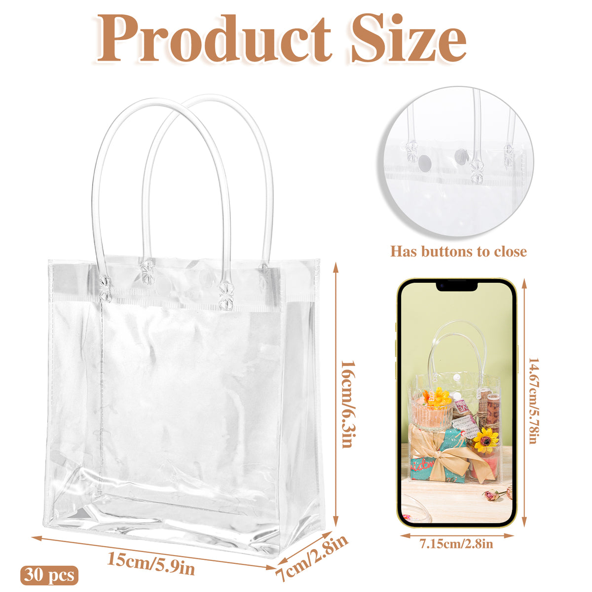30 Pack Clear Gift Bags with Handle, 6.3" x 5.9" x 2.8" Small Plastic Bag for Party Favors