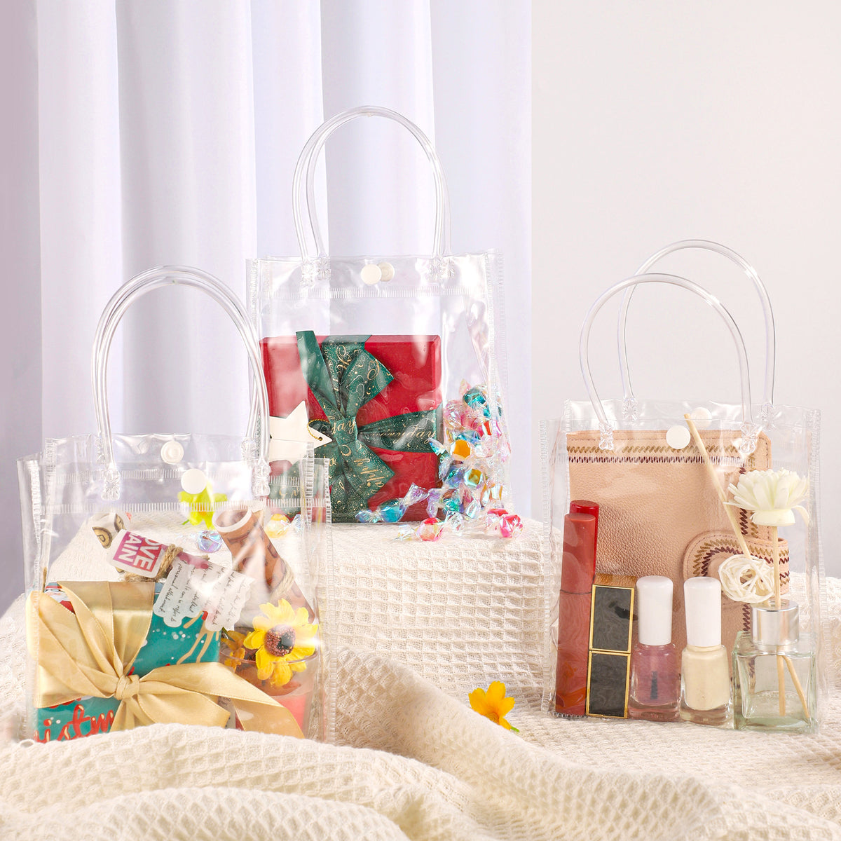 30 Pack Clear Gift Bags with Handle, 6.3" x 5.9" x 2.8" Small Plastic Bag for Party Favors