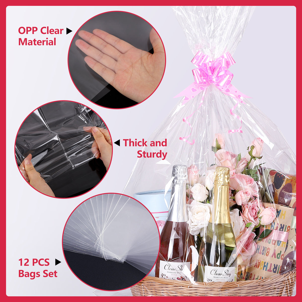 24 Pcs Large Cellophane Bags 24x30 inch Cellophane Wrap Clear Gift Bags for Gift Baskets