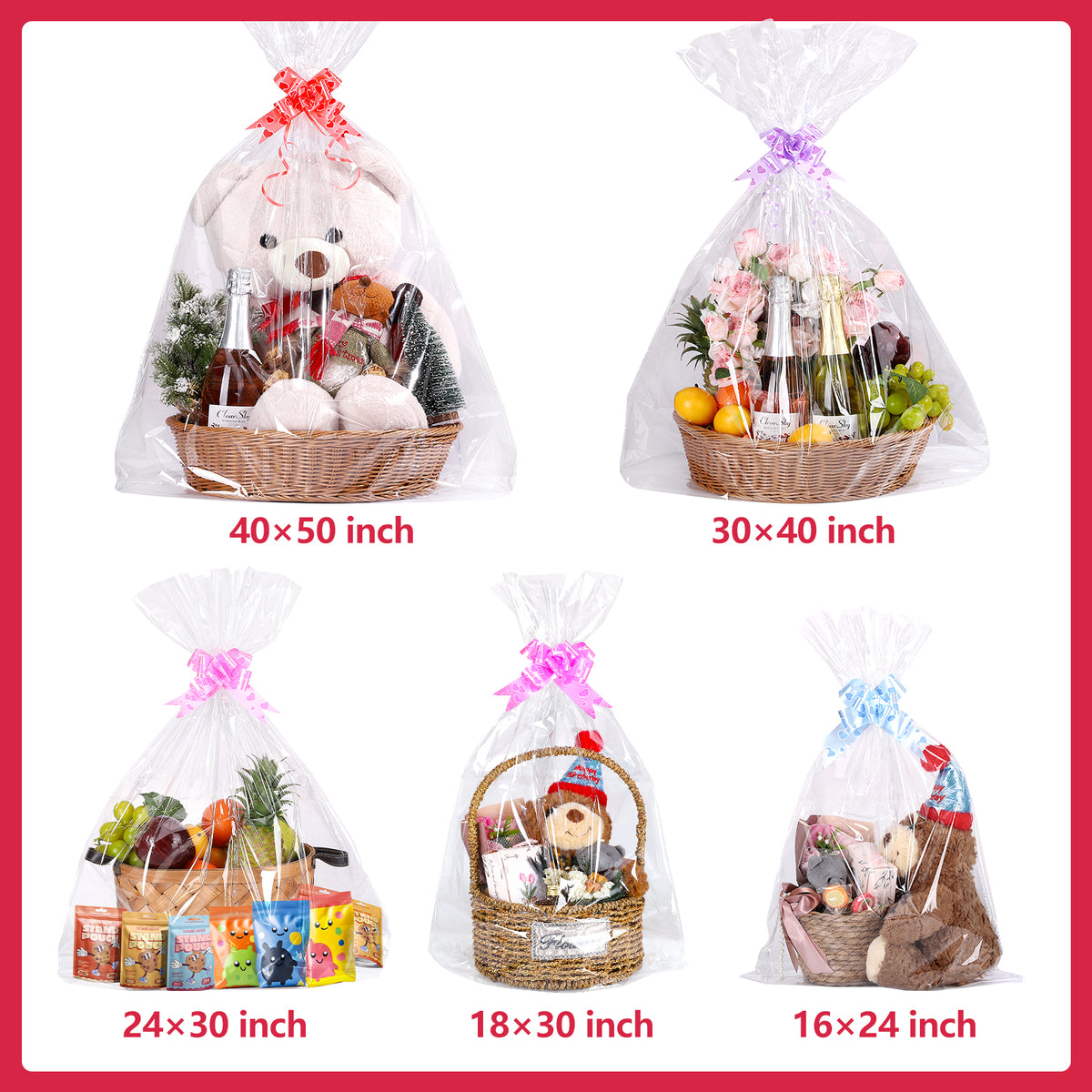 24 Pcs Large Cellophane Bags 24x30 inch Cellophane Wrap Clear Gift Bags for Gift Baskets