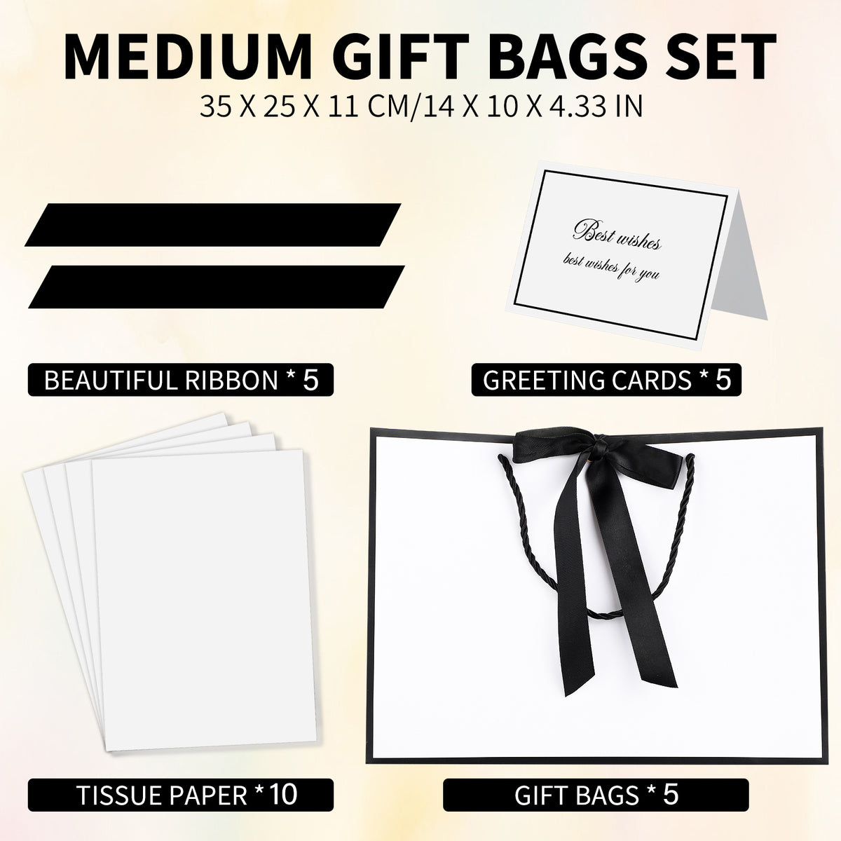 Jaikg 5 Pack White Gift Bags with Handles, 14" Medium Gift Bag with Tissue Paper