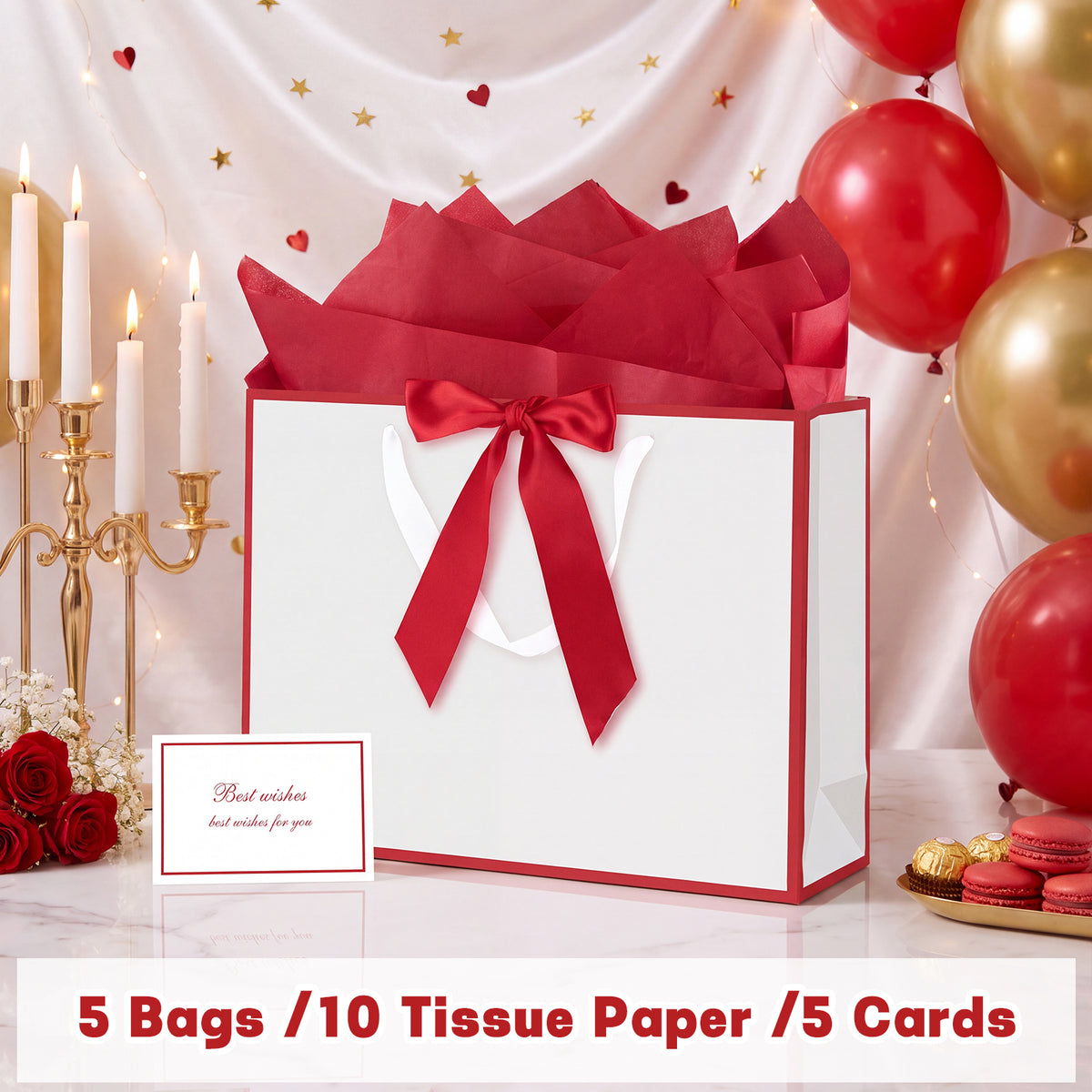 jaikg 5 Pcs White Red Edges Gift Bags with Handles, 14" Medium for Birthday Gift Bags