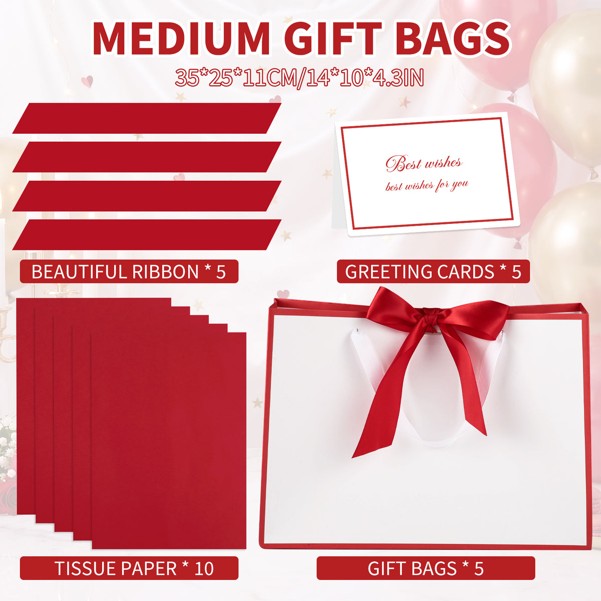 jaikg 5 Pcs White Red Edges Gift Bags with Handles, 14" Medium for Birthday Gift Bags