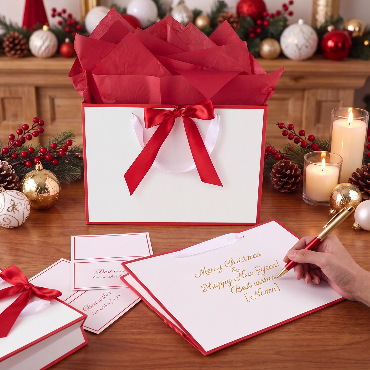 jaikg 5 Pcs White Red Edges Gift Bags with Handles, 14" Medium for Birthday Gift Bags