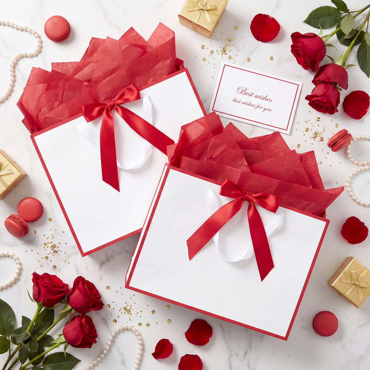 jaikg 5 Pcs White Red Edges Gift Bags with Handles, 14" Medium for Birthday Gift Bags