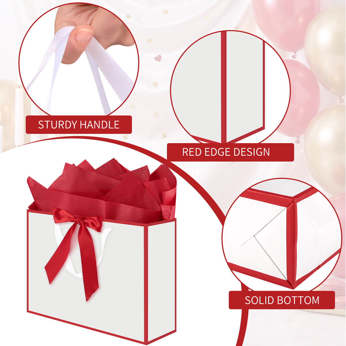 jaikg 5 Pcs White Red Edges Gift Bags with Handles, 14" Medium for Birthday Gift Bags