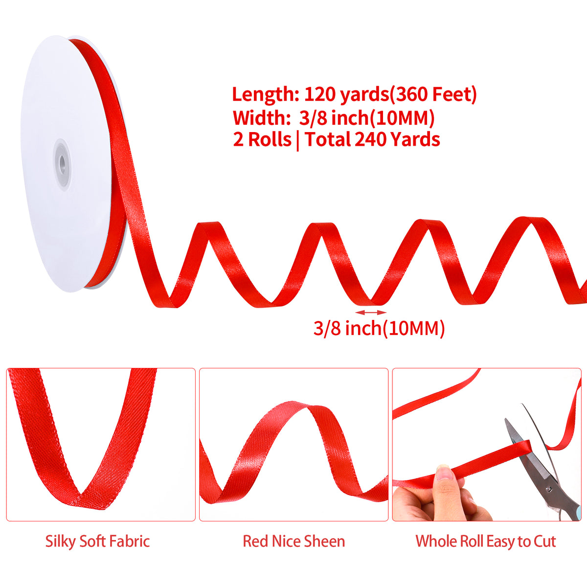 Jaikg 2 Rolls Red Satin Ribbon 120 Yards 3/8 Inch Thin Ribbon for Red Bows