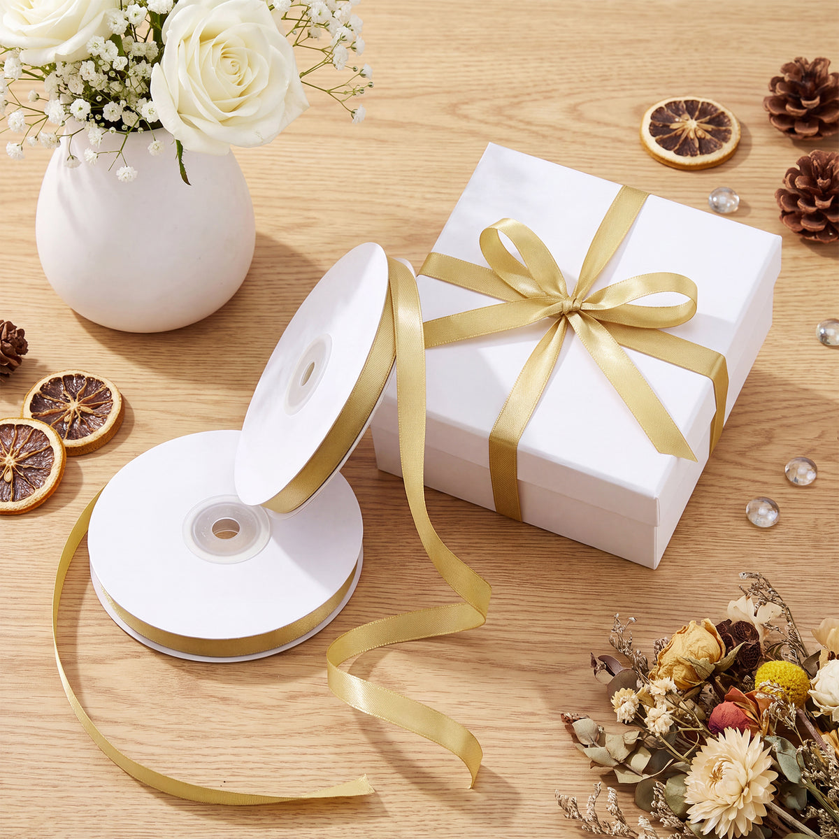 Jaikg 2 Rolls Gold Ribbon 3/8 Inch 120 Yards Thin Craft Gold Satin Ribbon