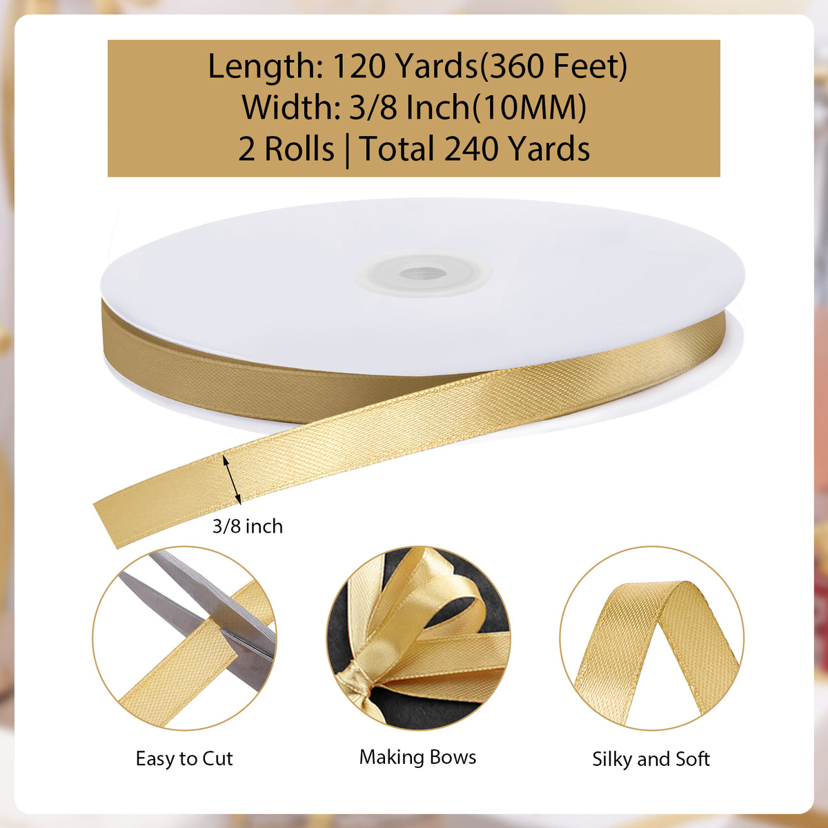 Jaikg 2 Rolls Gold Ribbon 3/8 Inch 120 Yards Thin Craft Gold Satin Ribbon