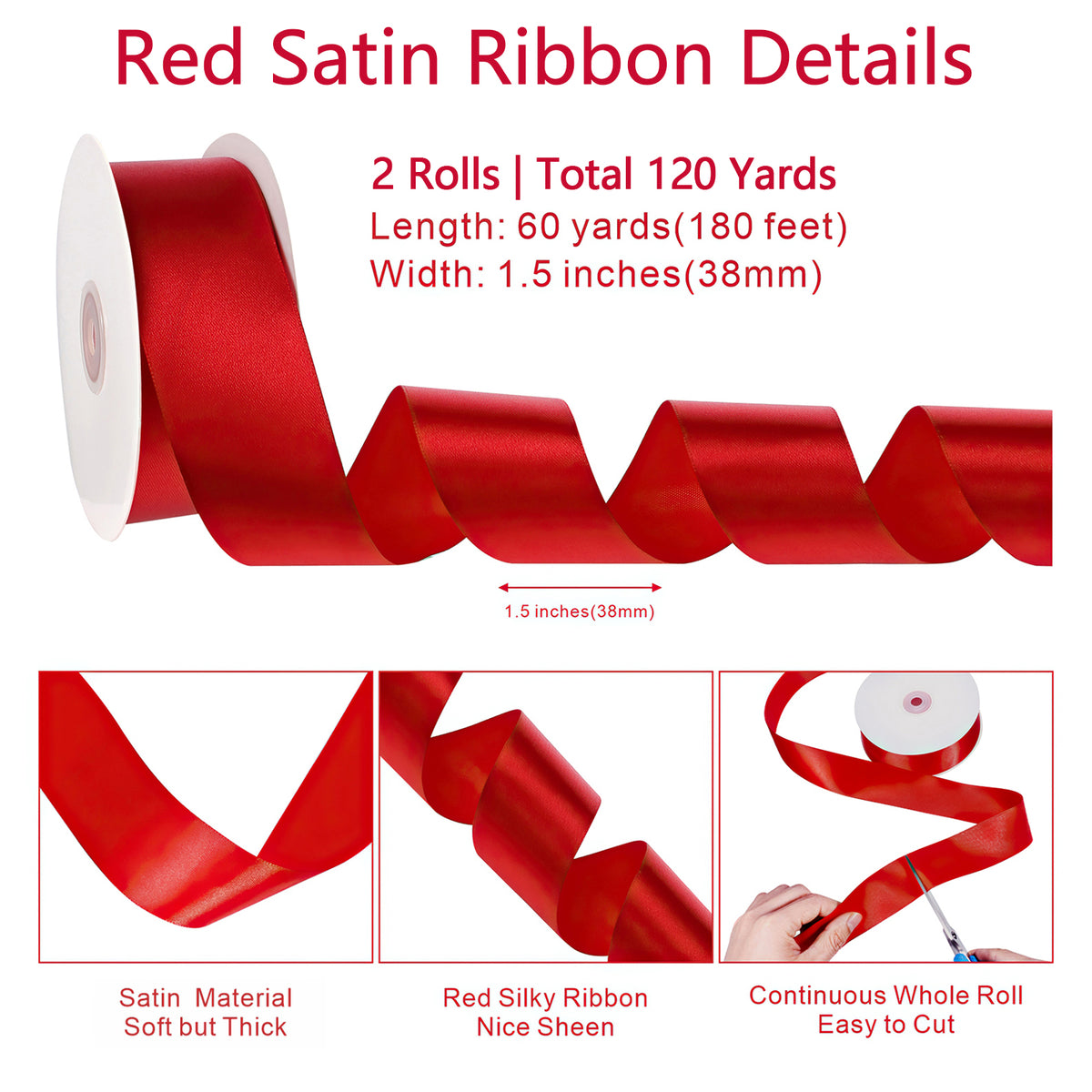 Jaikg Red Satin Ribbon Decorative 2 Rolls 1.5 inch x 60 Yards