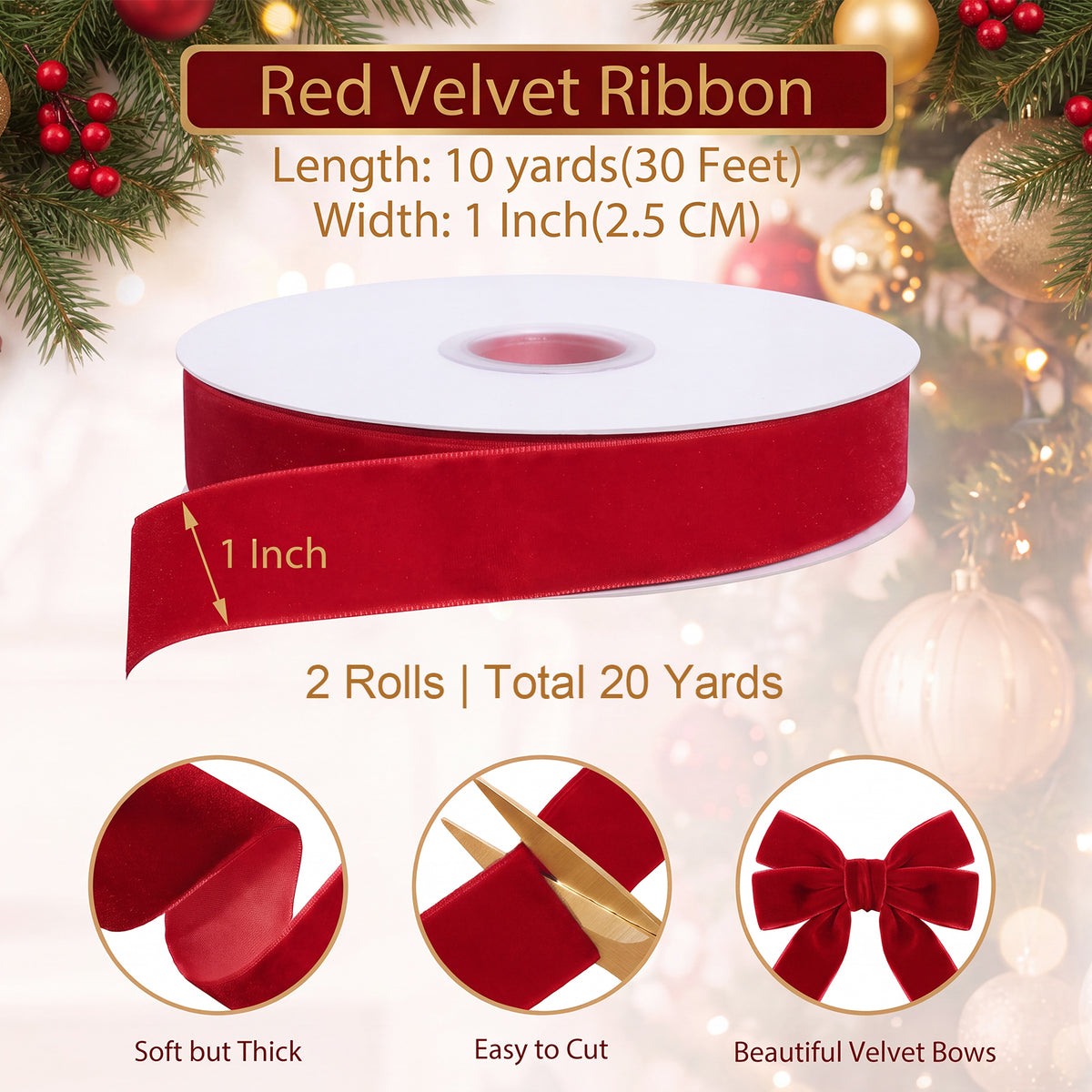 Jaikg 2 Rolls Red Velvet Ribbon Craft Bows 1 Inch x 10 Yards for Birthday Gift Bag