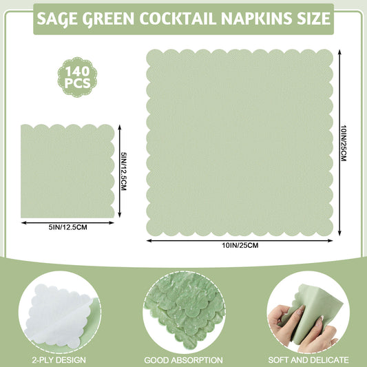 140 Pcs 5 x 5 Sage Green Cocktail Napkins for Back to School Party, Wedding, Bridal Baby Shower, Birthday