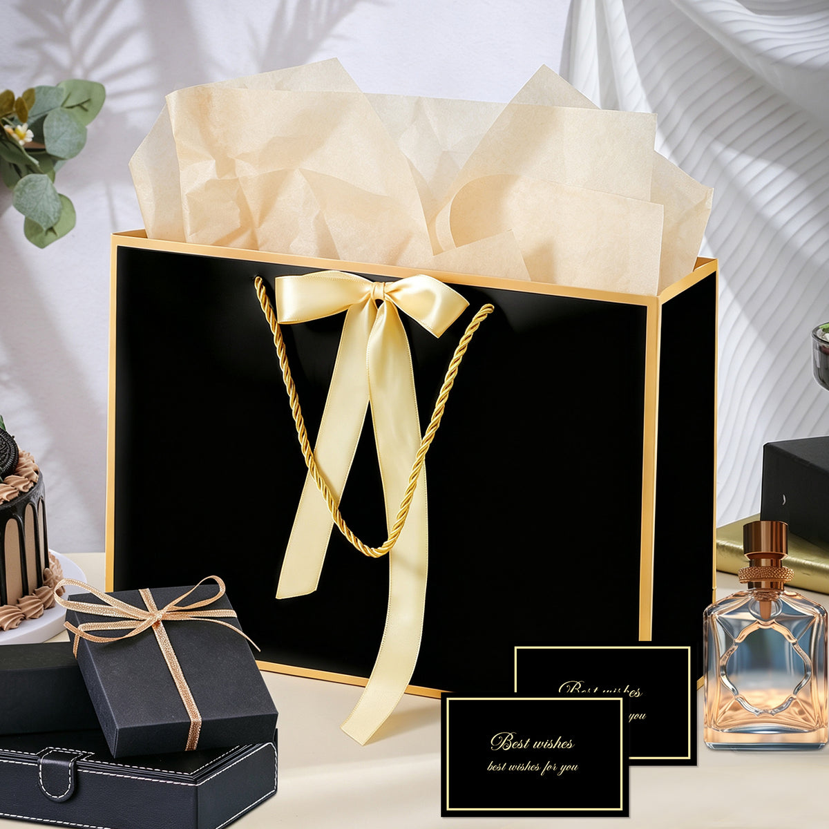 5 Set Black Gift Bags with Handles Tissue Paper and Cards for Party Favors