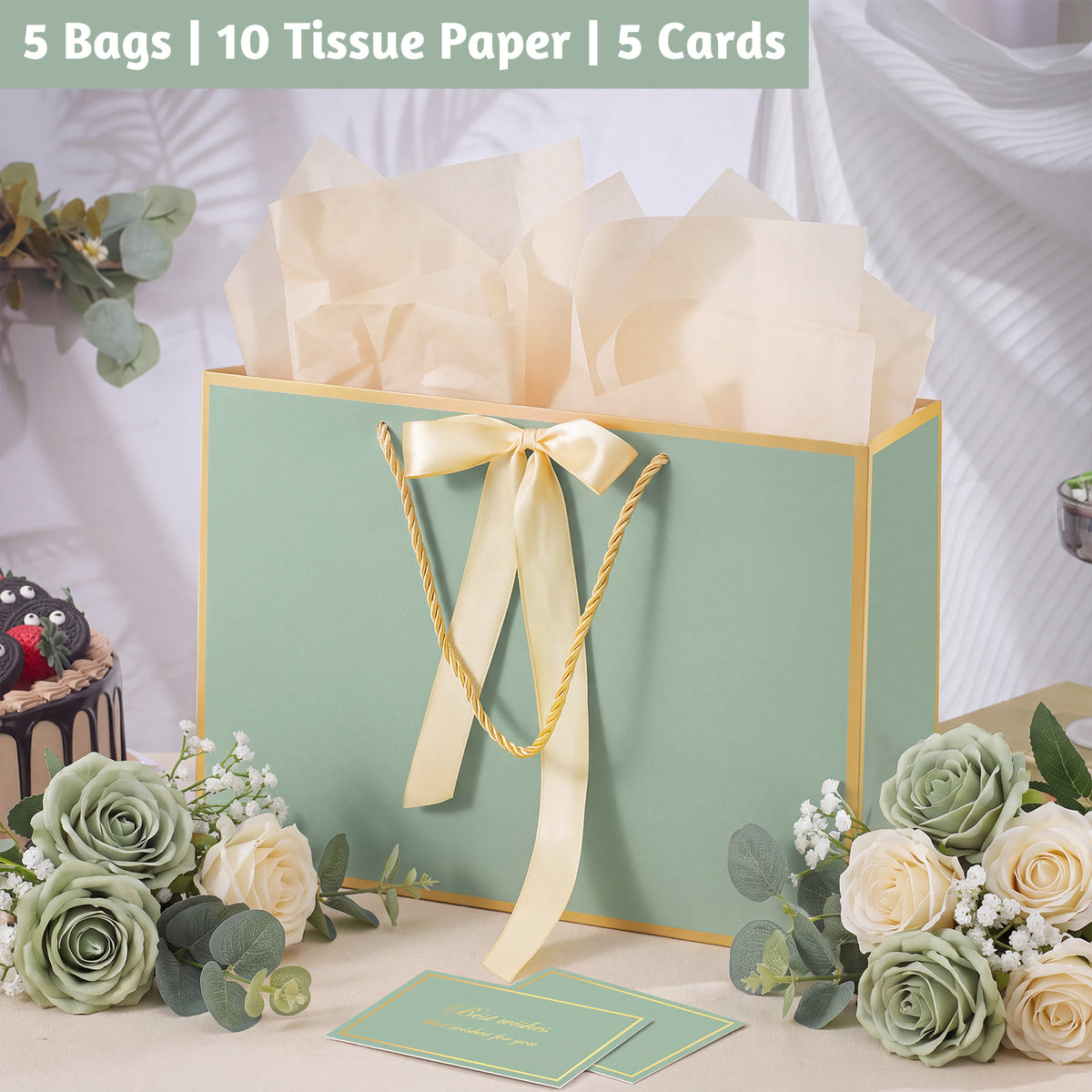 Jaikg Gift Bags Sage Green with Handles 5 Set