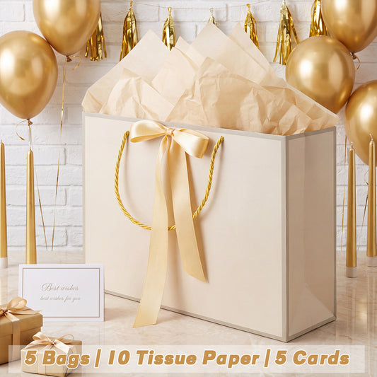 Jaikg Gift Bag Sets with Handles, Tissue Paper and Cards, Gold, 5 Set