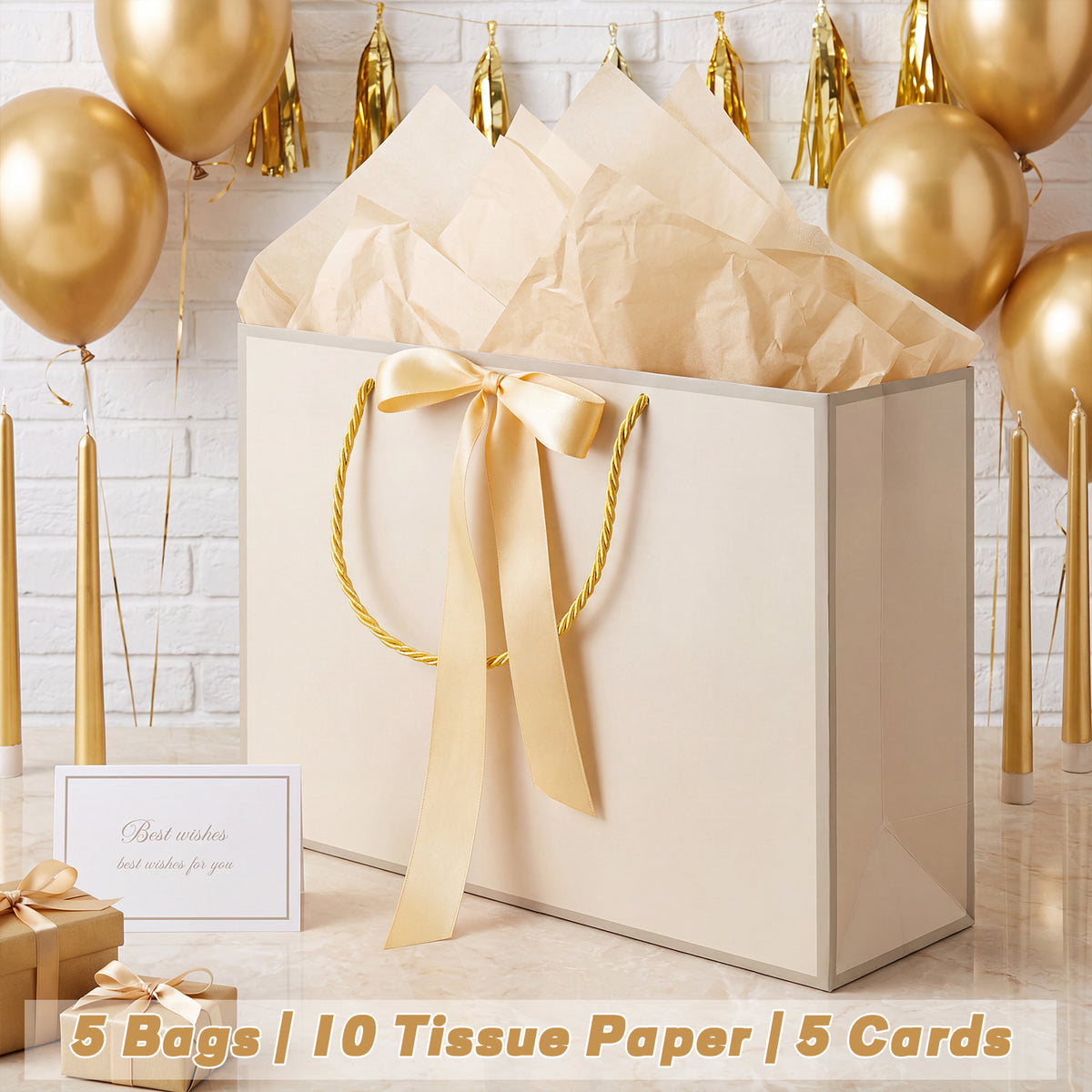 5 Pcs White Gold Foil Gift Bags with Handles, 14" Medium Gift Bag