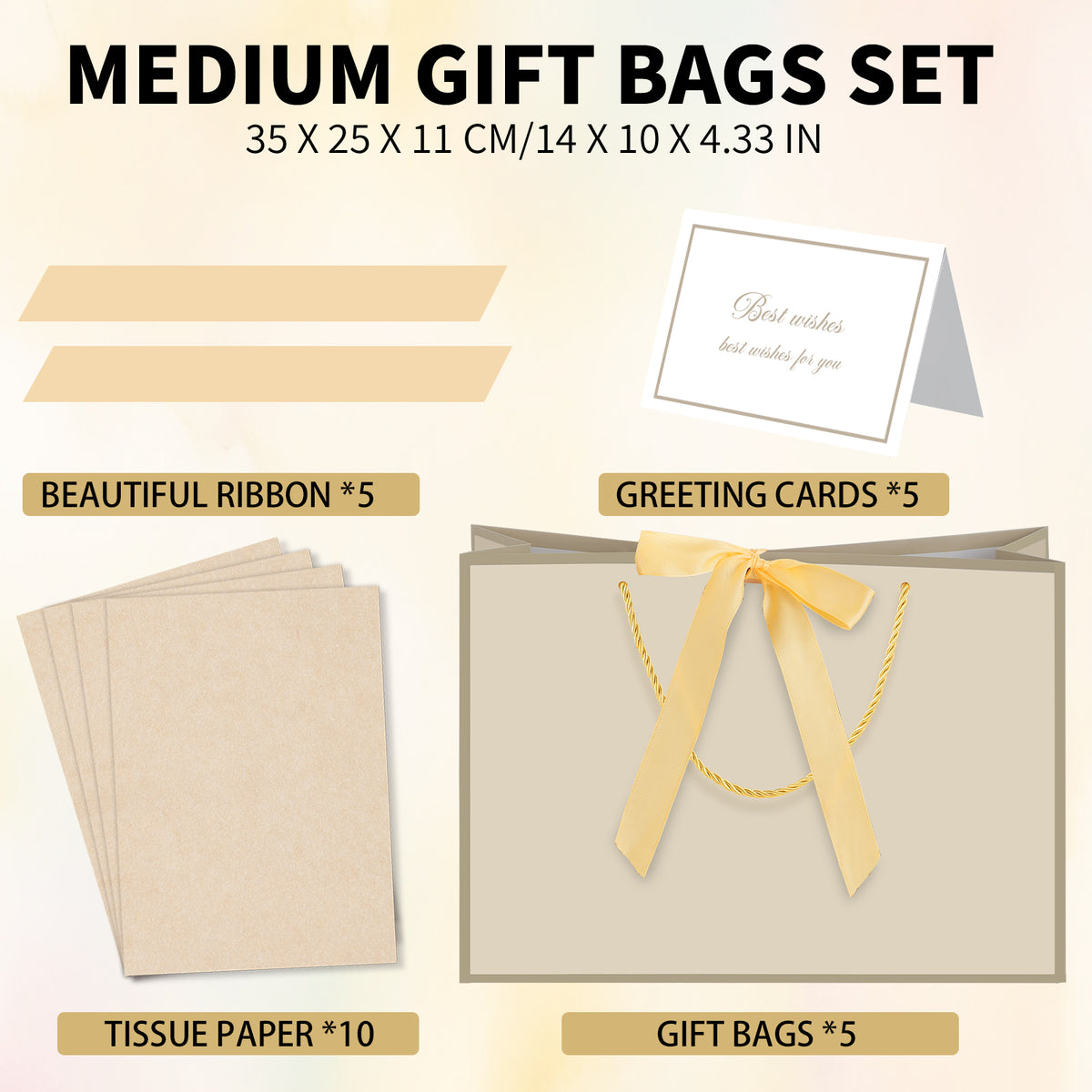 Jaikg Gift Bag Sets with Handles, Tissue Paper and Cards, Gold, 5 Set