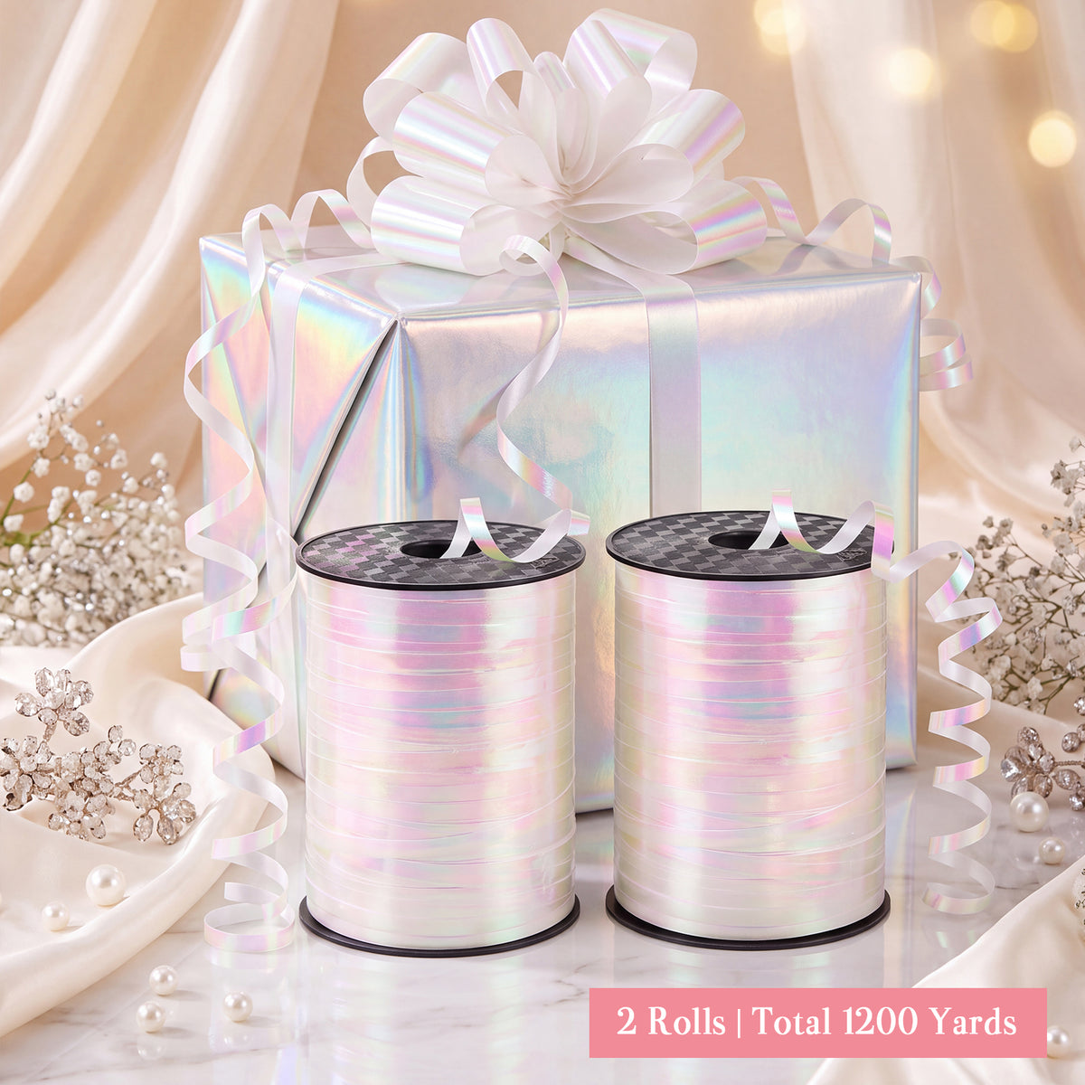 jaikg 1200 Yards Iridescent White Curling Ribbon 1/5 Inch for Wedding Decor Gift Wrapping