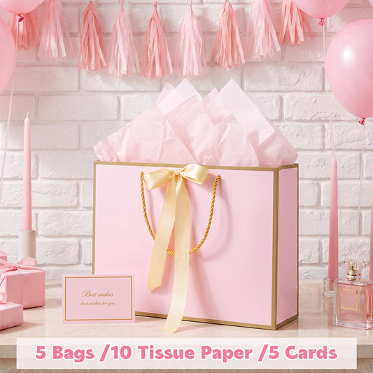 jaikg Gift Bag Sets Pink with Handles Tissue Paper and Cards 5 Pcs